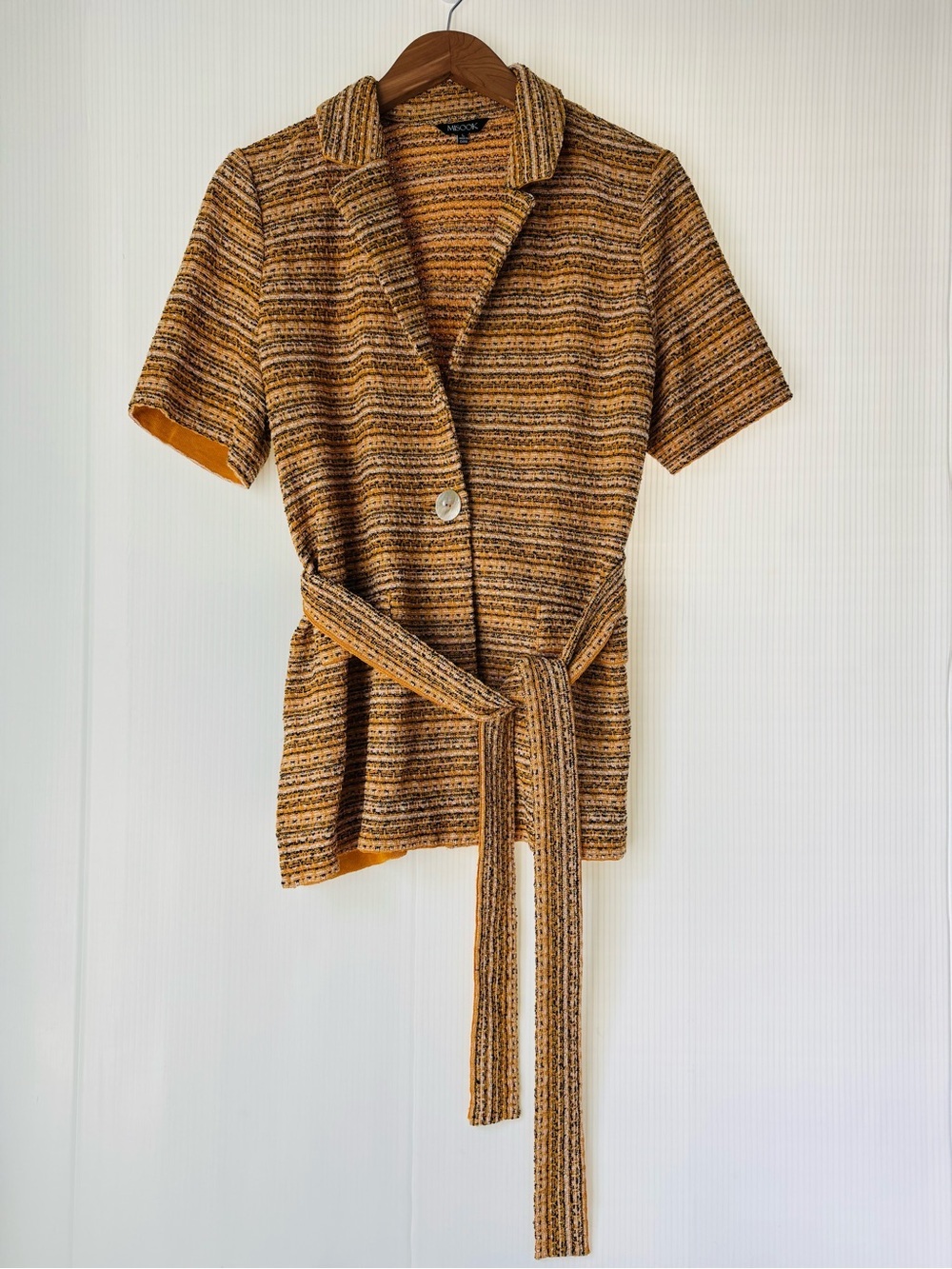 Misook Striped Knit Button-Down Top in Mustard and Brown tie waist